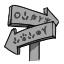 A drawing of two signs shaped like arrows, one on top of the other pointing at different directions. The signs have some runes that look like animal footprints and simple shapes.