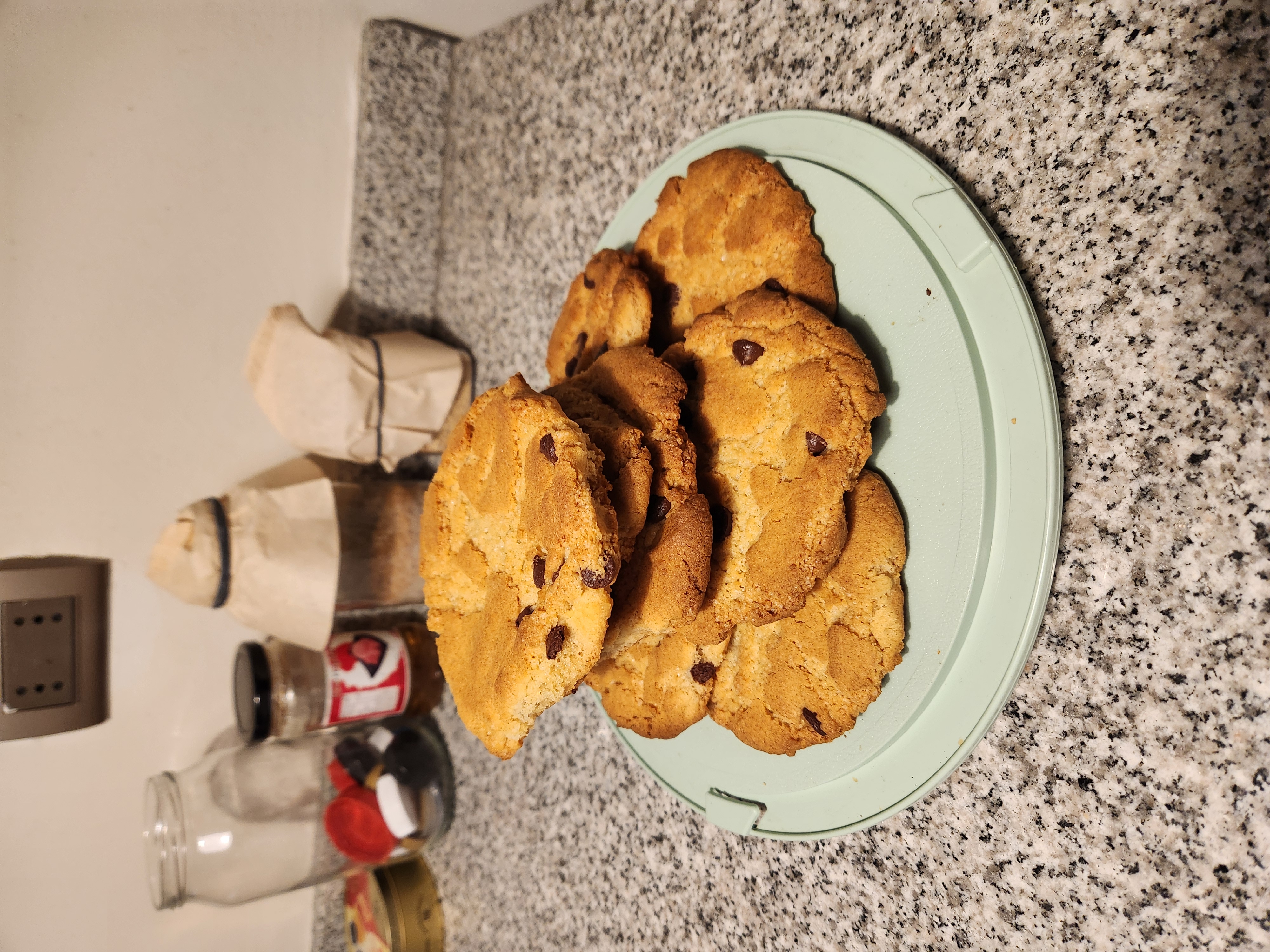 A plate of freshly baked chocolate chip cookies
